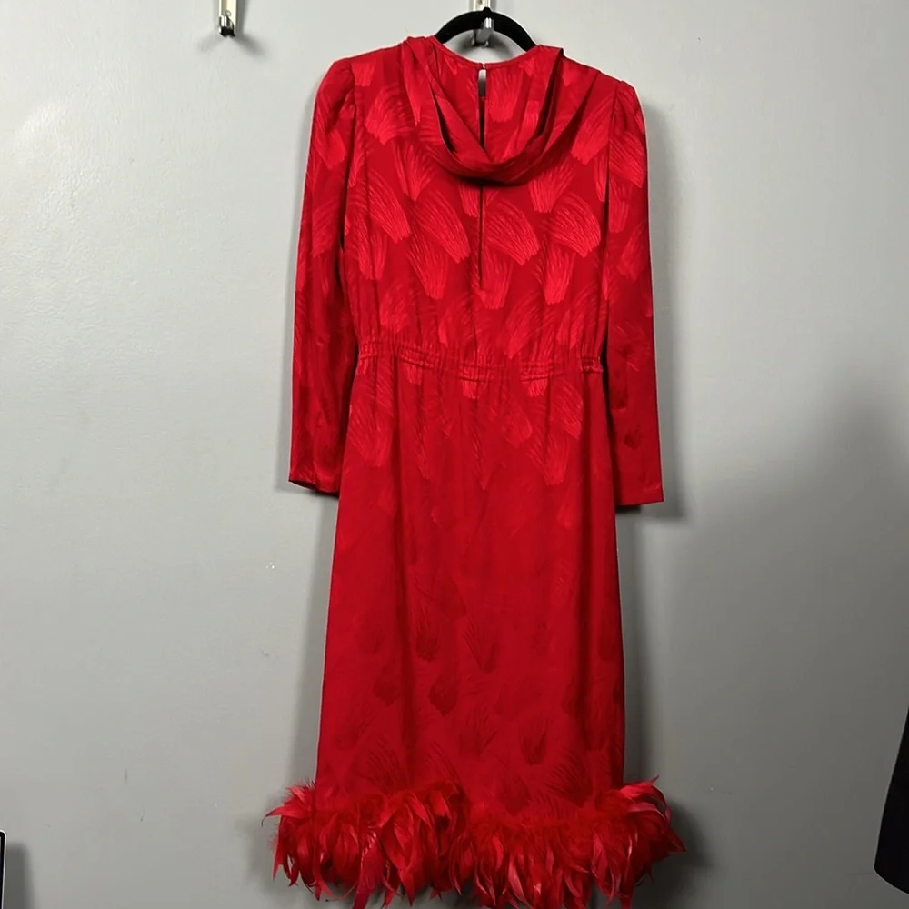 Vintage Women’s Silk Red Shift Dress Faux Feather Hem Necktie Slip on size S - Picture 13 of 17